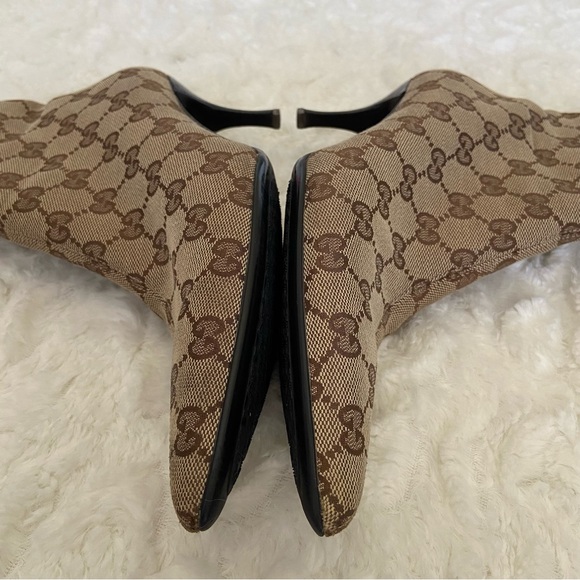 GUCCI GG Monogram Canvas Leather Ankle Boots Booties Stiletto Heels Pointed Toe - Picture 10 of 16